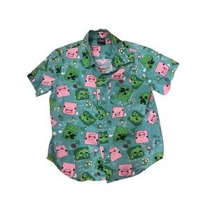 Minecraft Boys Short Sleeve Button Down Shirt Teal Creeper Pig Print Size M 6/7